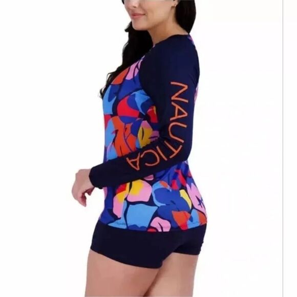 Nautica Women's Into the Jungle Floral Swim Rashguard Sun Top UPF 30 NWT Size L - Picture 1 of 7